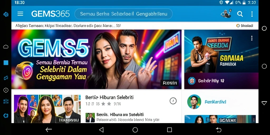 Antarmuka aplikasi GEMS365 yang menampilkan berita hiburan selebriti.
